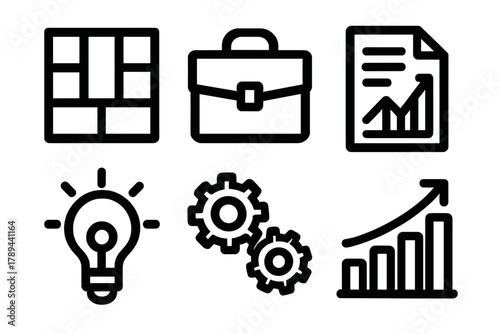 Bold Business Icons. Business model canvas silhouette icon set: grid layout, briefcase, document chart, light bulb, gears, bar graph.