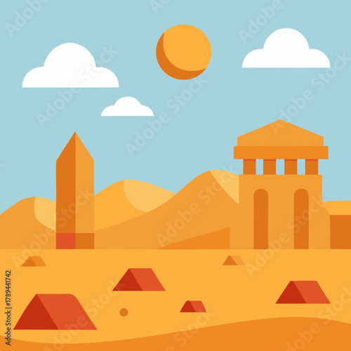  Cute Cartoon Desert with Ancient Ruins and Hieroglyphs