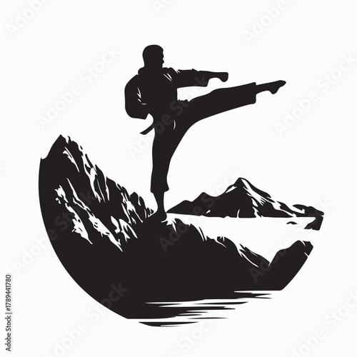 Karate Fighter Practicing on Mountain Peak Silhouette Vector