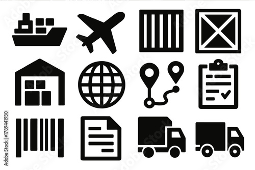 Trade Icons Collection. International Trade silhouette icon set: cargo ship, airplane, container, crate, warehouse, globe, map pin, route line, clipboard, barcode, document, truck.
