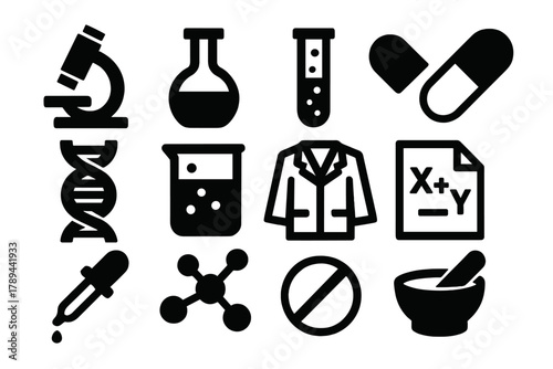 Bold Pharmaceutical Icons. Pharmaceutical Science silhouette icon set: microscope, chemical flask, test tube, capsule, DNA strand, beaker, lab coat, formula sheet, dropper,