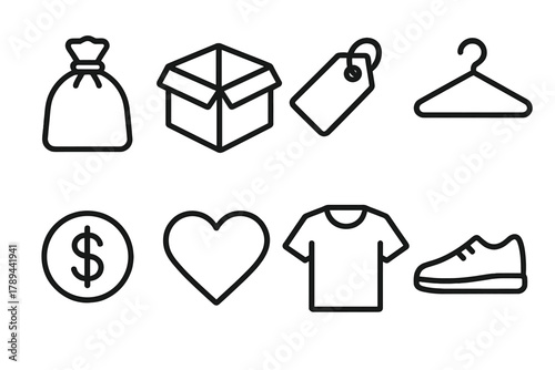 Charity Shop Icons. Charity Shop Set linear icon set: donation bag, box, tag, hanger, coin, heart, shirt, shoe.