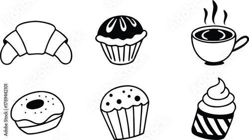 Bakery doodle illustration set, pastry, coffee, and dessert