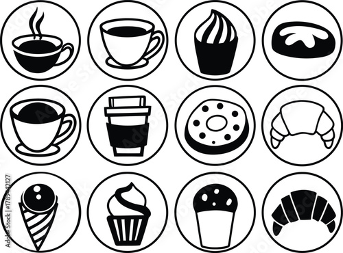 Coffee and pastry icons set: sweet treats, hot drinks, breakfast