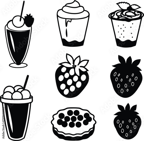 Delicious strawberry themed desserts and fruit line art icons