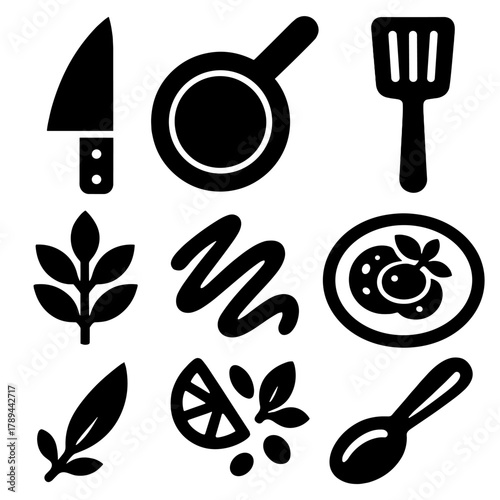 Bold Cooking Icons. Modern Culinary Design Set silhouette icon set: chef knife, pan, spatula, food plating, herb sprig, sauce drizzle, garnish, tasting spoon.