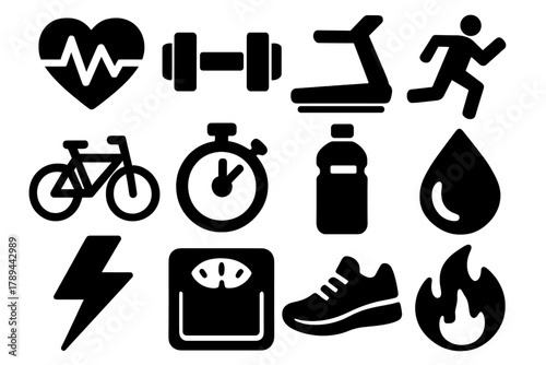 Heart Health Icons. Heart Health Training silhouette icon set: heart monitor, dumbbell, treadmill, running person, bike, stopwatch, water bottle, sweat drop, lightning bolt, scale,