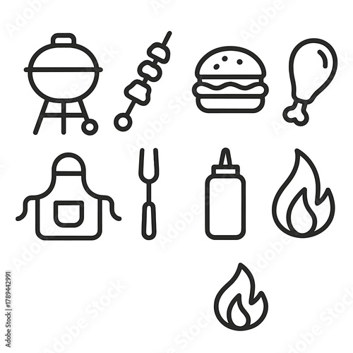 BBQ Icon Set. Outdoor BBQ Set linear icon set: charcoal grill, skewer, burger, chicken leg, apron, fork, ketchup bottle, fire flame.