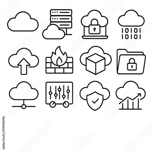 Cloud Computing Icons. Cloud Computing linear icon set: open cloud, server rack, secure laptop, data stream, upload arrow, firewall wall, virtualization cube, secure folder,