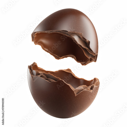 Broken chocolate egg with separated halves isolated on transparent background
