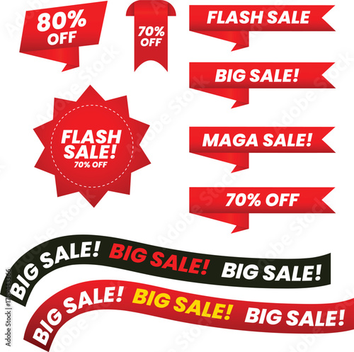 set of gradient red flash sale label banners, Flash sale Ribbons and Badges , Flash sale Png