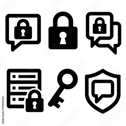 Brutalist Secure Messaging Icons. Secure Messaging silhouette icon set: encrypted chat, lock icon, private conversation, secure server, authentication key, shielded bubble.