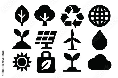 Eco Design Icons. Environmental Eco Design silhouette icon set: leaf, tree, recycling symbol, globe, plant, solar panel, wind turbine, water droplet, sun, eco bag, seedling, cloud