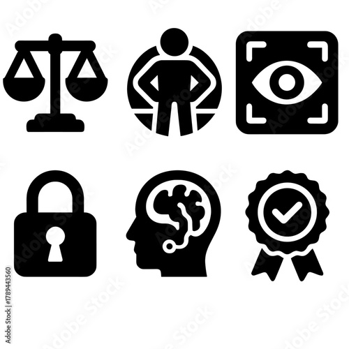 Ethical AI Icons. Ethical Machine Learning silhouette icon set: balanced scale, fairness icon, transparency symbol, privacy lock, bias detection, trust verification badge.