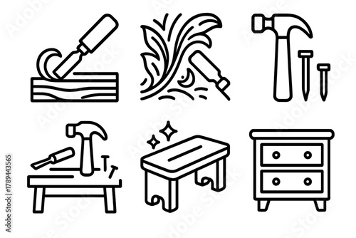 Woodworking Tools. Woodworking Craftsmanship linear icon set: chisel tool, wooden plank, carving detail, hammer and nails, workbench, polished furniture.