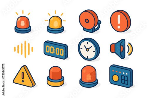 Modern Alarm Icon Set. Alarm Beep modern flat icons set: siren, flashing light, alarm bell, exclamation mark, soundwave, digital timer, clock face, speaker, warning triangle,