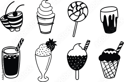 Hand drawn doodle icons of sweet desserts and sugary delights
