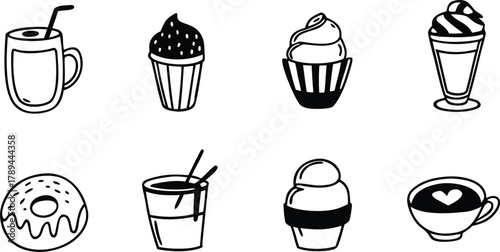Hand-drawn cafe food, dessert, and drink doodle icons collection