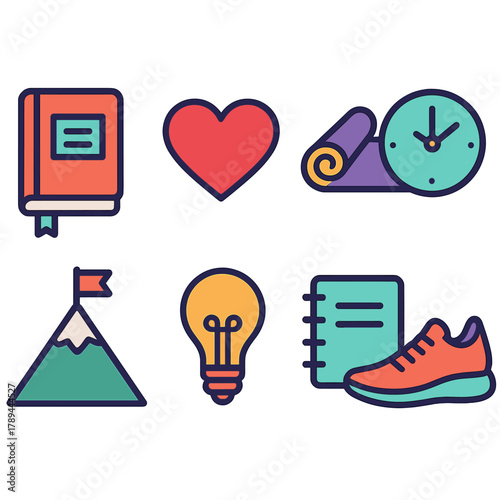 Personal Growth Icons. Personal Growth Icons flat icons: journal, heart, yoga mat, clock, mountain peak, light bulb, notebook, running shoe