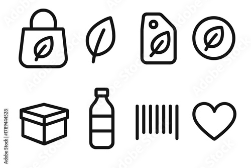 Eco-Friendly Icon Set. Eco Shopping Collection linear icon set: reusable bag, leaf, tag, coin, box, bottle, barcode, heart.