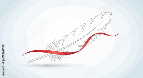 Elegant White Feather with Flowing Red Ribbon Illustration.