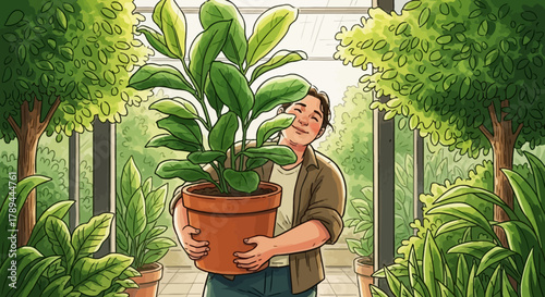 Happy Gardener Holding Large Potted Plant in Greenhouse.