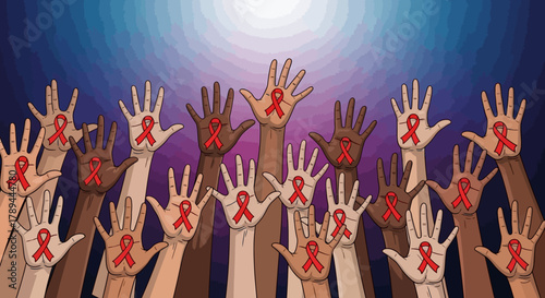 Hands raised with red ribbons for HIV awareness.