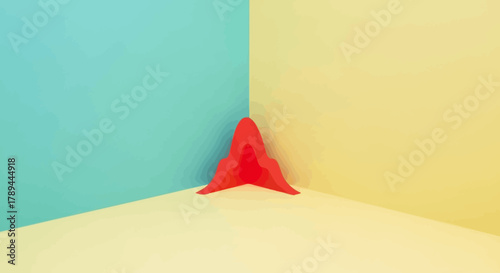 Red abstract geometric object placed in a colorful minimalist corner.