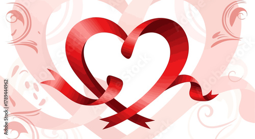 Red Ribbon Heart on White Background for Valentines Day.