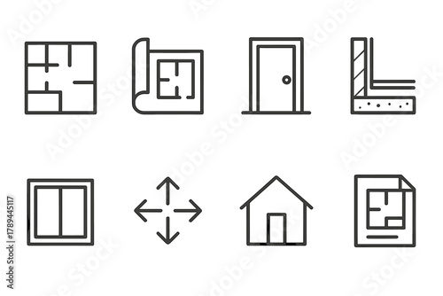 Architectural Blueprint Icons. Functional Layouts linear icon set: floor grid, blueprint, door, wall section, window, arrows, room icons, plan sheet.