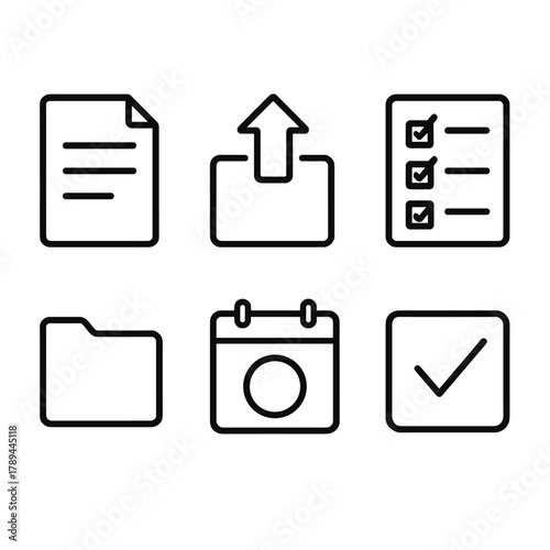 Digital Assignment Icons. Digital Assignments linear icon set: document icon, upload arrow, checklist, folder symbol, due date calendar, submission checkmark.