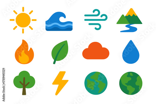 Vibrant Natural Energy Icons. Natural Energy flat icons: sun, wave, wind, mountain, river, fire, leaf, cloud, water droplet, tree, lightning, earth.