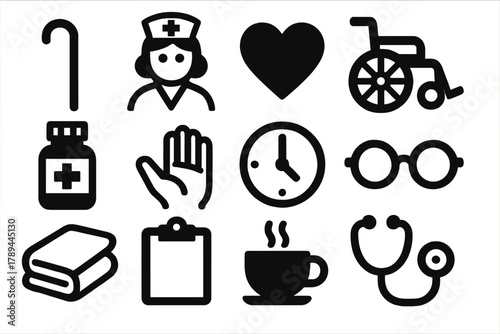 Elderly Care Icons. Elderly Patient Support silhouette icon set: walking cane, nurse, heart, wheelchair, medicine bottle, hand, clock, glasses, blanket, clipboard, cup of tea,