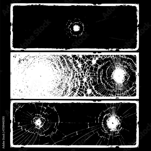 Black with transparent spaces image of cracked glass panels. Glass crushing, vector illustration, EPS version.
