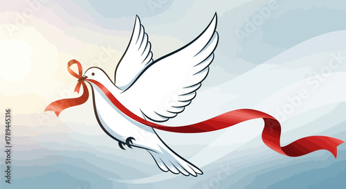 White Dove Flying with Red Ribbon Symbolizing Peace and Hope.