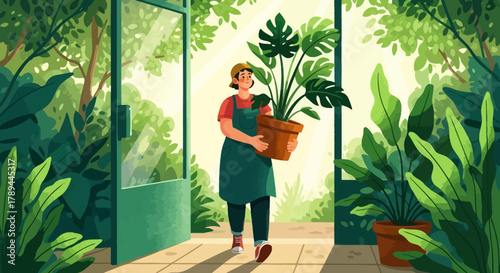 Woman Carrying Monstera Plant in Greenhouse, Gardening Concept.