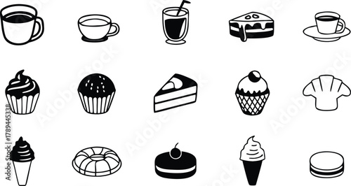 Sweet treats and drinks line art icons collection, simple vector