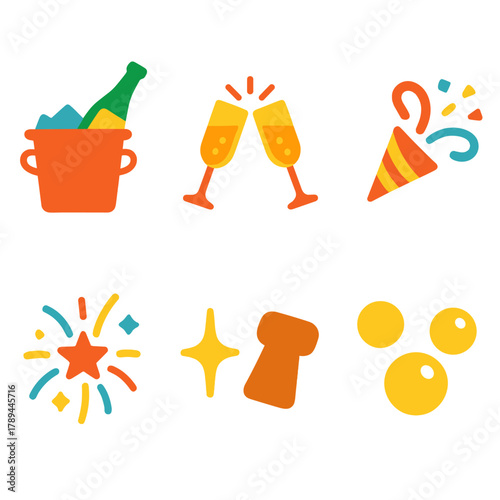 Festive Celebration Icons. Festive Cheers Symbols flat icons: champagne bucket, clinking flutes, ribbon curl, confetti popper, fireworks, star sparkle, champagne cork, glowing