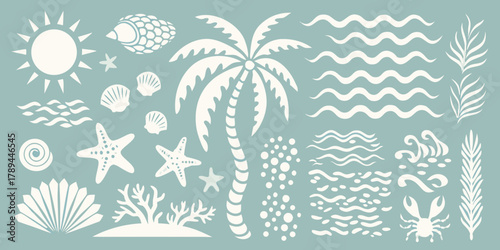 Collection of white tropical beach elements including palm tree starfish shells sun and waves on teal background