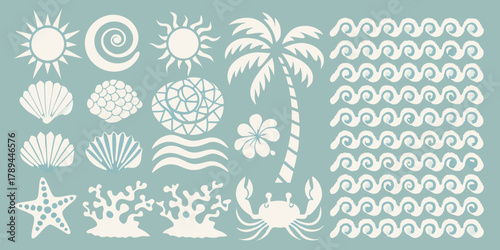 Collection of tropical beach and ocean elements with seashells palm tree sun crab and waves