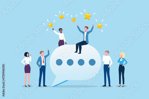 Diverse group of people celebrating customer satisfaction with five star ratings and a large speech bubble
