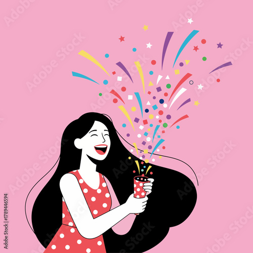 Joyful woman celebrating success with confetti, perfect for parties and events