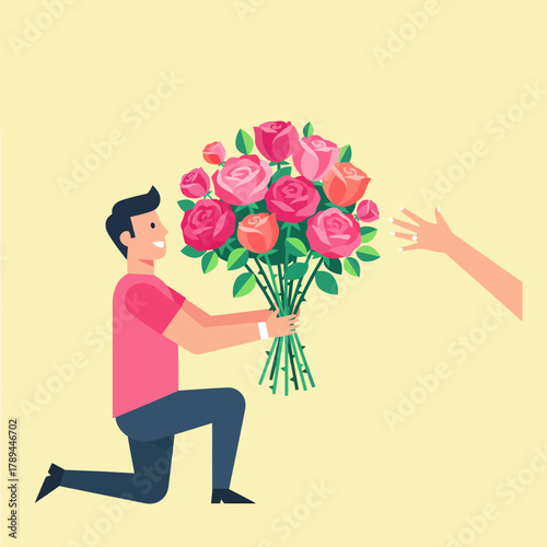 Man offering beautiful roses, a symbol of love and commitment, on bended knee