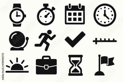 Punctuality Icons Set. Punctuality Concept silhouette icon set: wristwatch, stopwatch, calendar, clock, alarm bell, running person, check mark, timeline, sunrise, briefcase,