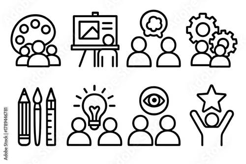 Creative Teamwork Icons. Creative Teamwork linear icon set: color palette group, design board, creative brainstorming, teamwork gears, art tools together, innovation bulb, shared