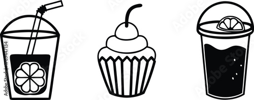 Adorable collection of hand-drawn dessert icons, including smiling donuts, cupcakes, ice cream, and cake slices. Perfect for adding a sweet touch to your designs. Scalable EPS format.