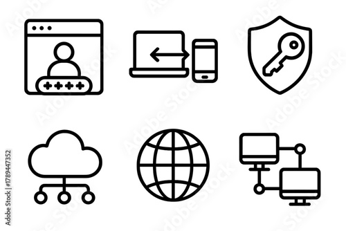 Digital Connectivity Icons. Remote Access linear icon set: secure login, device connection, authentication key, cloud network, globe icon, data link.