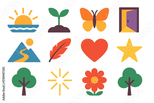 Icons of Renewal. New Beginnings flat icons: sunrise, seed sprout, butterfly, open door, light beam, mountain path, feather, heart, star, tree, spark, flower.