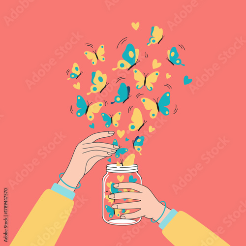 Hands releasing butterflies from a jar, symbolizing freedom, hope, and dreams