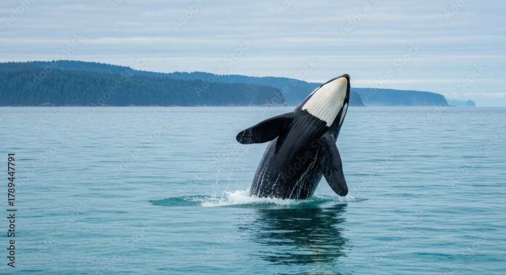 Fototapeta premium Orca breaching from ocean, showing black and white markings, and sea